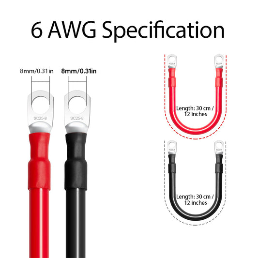 Silicone-Jacketed Automotive Battery Connection Cable, 6AWG (13mm²) Solid Copper Cable for Battery Series/Parallel Connection (Positive & Negative Terminals), 30cm Length 10 packs