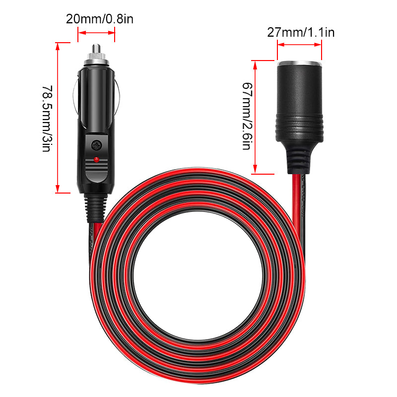 Car Cigarette Lighter Plug Extension Cable (Male to Female), 12V/24V Automotive Cigarette Lighter Extension Cord with 16AWG Cable (2 Meters) and 15A Fuse 10 packs