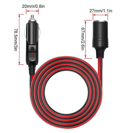 Car Cigarette Lighter Plug Extension Cable (Male to Female), 12V/24V Automotive Cigarette Lighter Extension Cord with 16AWG Cable (2 Meters) and 15A Fuse 10 packs