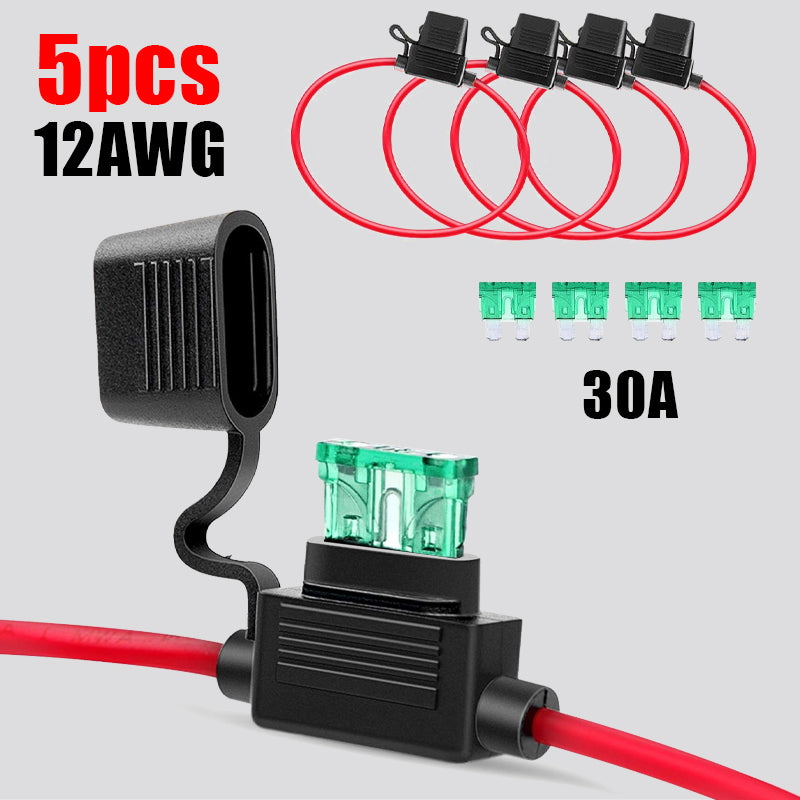 Medium-Size Automotive Fuse Box Blade Fuse Waterproof Base, Motorcycle Modification Fuse Holder Wire, Equipped with 12AWG Wire and 30A Fuses, 5-Pack 10 packs