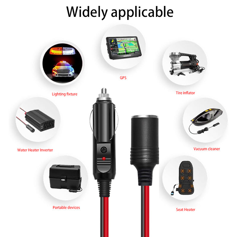 Car Cigarette Lighter Plug Extension Cable (Male to Female), 12V/24V Automotive Cigarette Lighter Extension Cord with 16AWG Cable (2 Meters) and 15A Fuse 10 packs